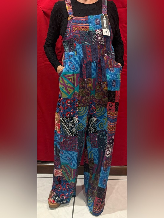 HIMOSYBER Pants - Bohemian Patchwork Wide-Leg Jumpsuit - Blue Multi